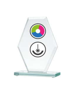 Trofeum szklane z nadrukiem kolorowym luxorjet, grawerowaniem oraz wypełnieniem farbą