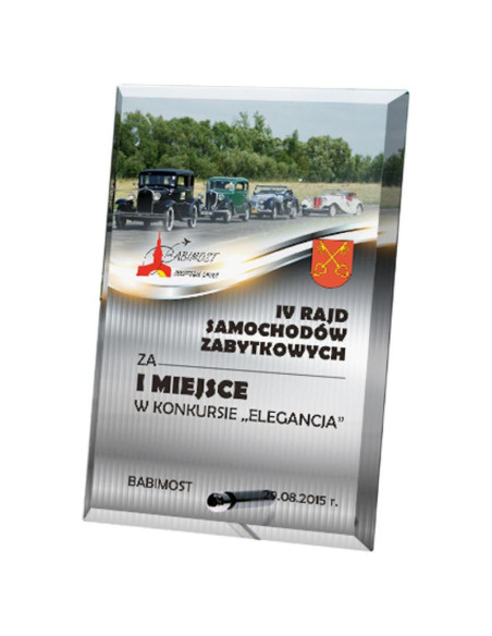 Trofeum szklane z nadrukiem kolorowym luxorjet, grawerowaniem oraz wypełnieniem farbą