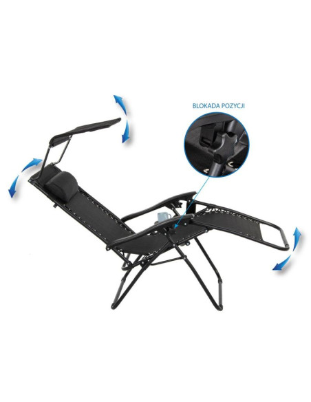 Leżak ogrodowy składany wielofunkcyjny z daszkiem 173x52/65x110cm czarno-szary