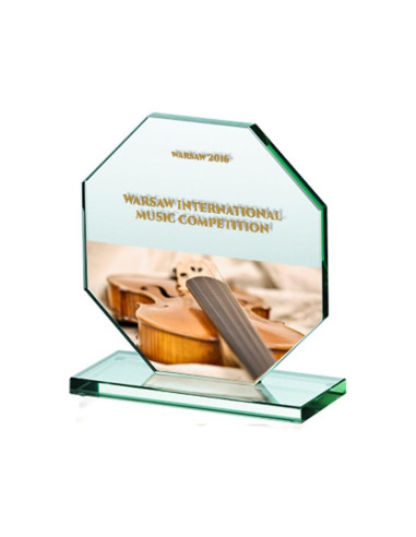 Trofeum szklane z nadrukiem kolorowym luxorjet grawerowane oraz wypełnione farbą