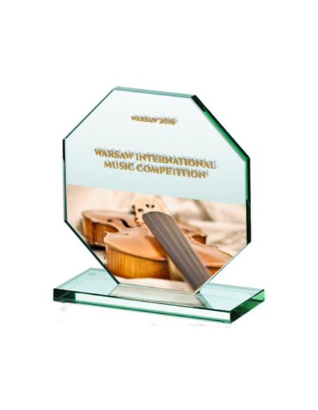 Trofeum szklane z nadrukiem kolorowym luxorjet grawerowane oraz wypełnione farbą