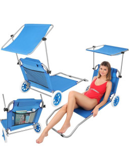 Leżak składany plażowy z daszkiem na kółkach 116x62x60-90cm niebieski