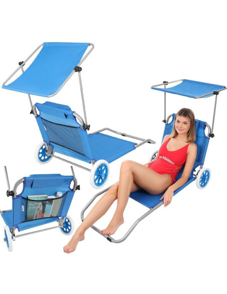 Leżak składany plażowy z daszkiem na kółkach 116x62x60-90cm niebieski