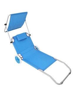 Leżak składany plażowy z daszkiem na kółkach 116x62x60-90cm niebieski 2