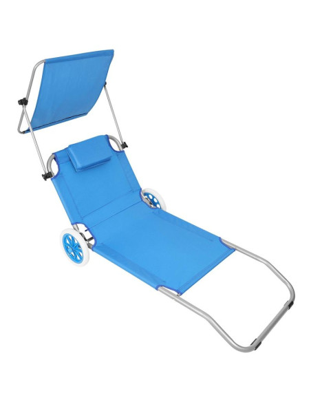Leżak składany plażowy z daszkiem na kółkach 116x62x60-90cm niebieski