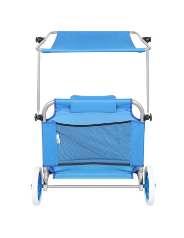 Leżak składany plażowy z daszkiem na kółkach 116x62x60-90cm niebieski