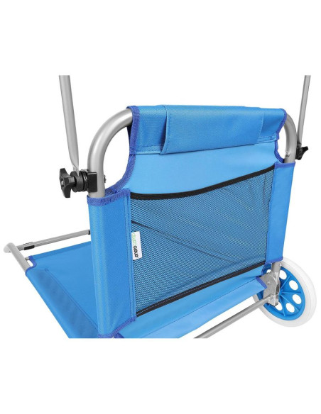 Leżak składany plażowy z daszkiem na kółkach 116x62x60-90cm niebieski