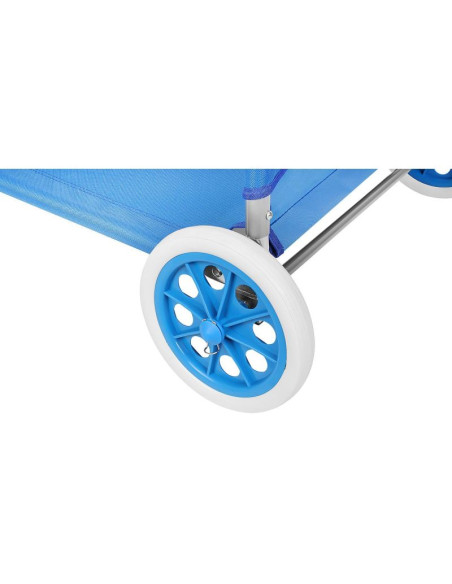 Leżak składany plażowy z daszkiem na kółkach 116x62x60-90cm niebieski