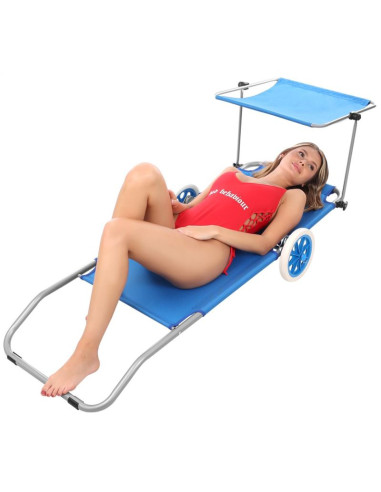 Leżak składany plażowy z daszkiem na kółkach 116x62x60-90cm niebieski