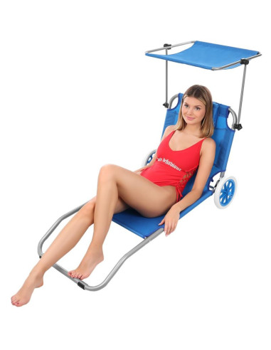 Leżak składany plażowy z daszkiem na kółkach 116x62x60-90cm niebieski