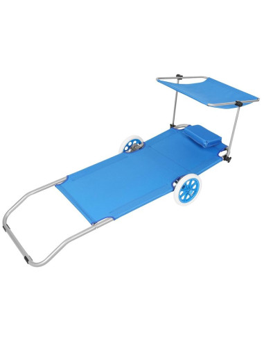 Leżak składany plażowy z daszkiem na kółkach 116x62x60-90cm niebieski