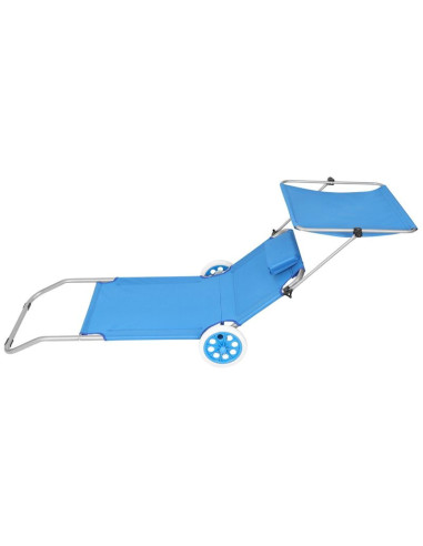Leżak składany plażowy z daszkiem na kółkach 116x62x60-90cm niebieski