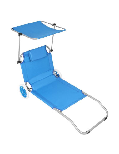 Leżak składany plażowy z daszkiem na kółkach 116x62x60-90cm niebieski