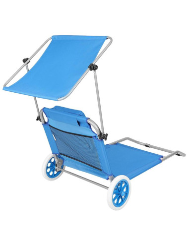 Leżak składany plażowy z daszkiem na kółkach 116x62x60-90cm niebieski