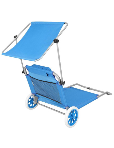 Leżak składany plażowy z daszkiem na kółkach 116x62x60-90cm niebieski