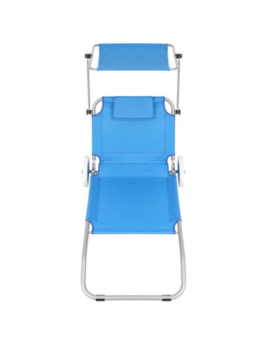 Leżak składany plażowy z daszkiem na kółkach 116x62x60-90cm niebieski