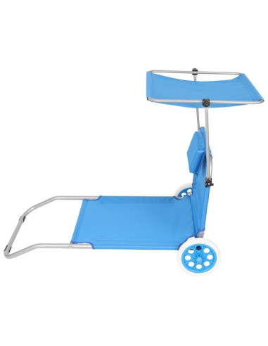 Leżak składany plażowy z daszkiem na kółkach 116x62x60-90cm niebieski