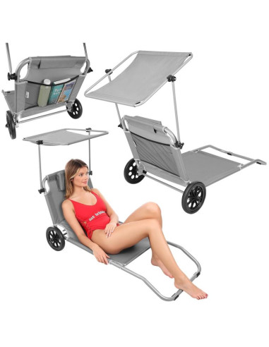 Leżak składany plażowy z daszkiem na kółkach 116x62x62-90cm szary