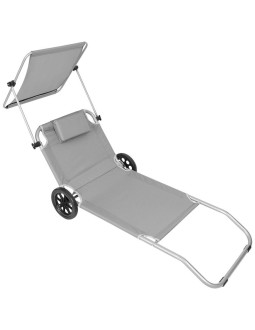 Leżak składany plażowy z daszkiem na kółkach 116x62x62-90cm szary 2