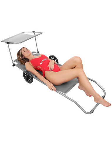 Leżak składany plażowy z daszkiem na kółkach 116x62x62-90cm szary
