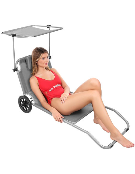 Leżak składany plażowy z daszkiem na kółkach 116x62x62-90cm szary