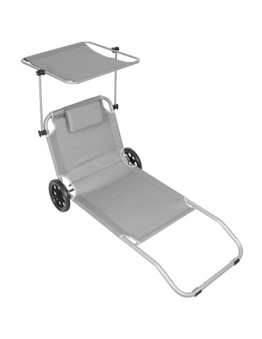 Leżak składany plażowy z daszkiem na kółkach 116x62x62-90cm szary