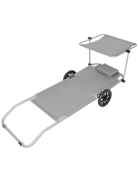 Leżak składany plażowy z daszkiem na kółkach 116x62x62-90cm szary