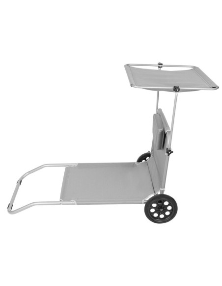 Leżak składany plażowy z daszkiem na kółkach 116x62x62-90cm szary