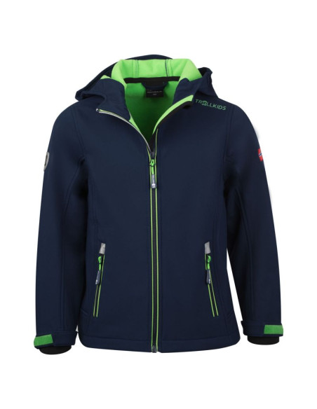 Kurtka softshellowa dziecięca trollkids kids trollfjord jacket navy/light green elementy odblaskowe granatowa (161-120)