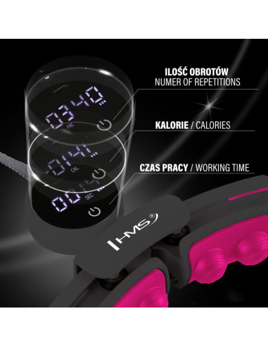 Hhm16 hula hop black/pink z magnesami i obciążnikiem + licznik hms