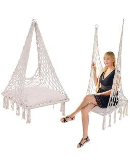 Hamak ażurowy fotel wiszący bocianie gniazdo 60x60x150cm z poduszką ecru