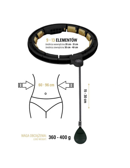 Zestaw hula hop magnetyczny black/gold hhm13 z licznikiem hms + pas wyszczupłający br163 black