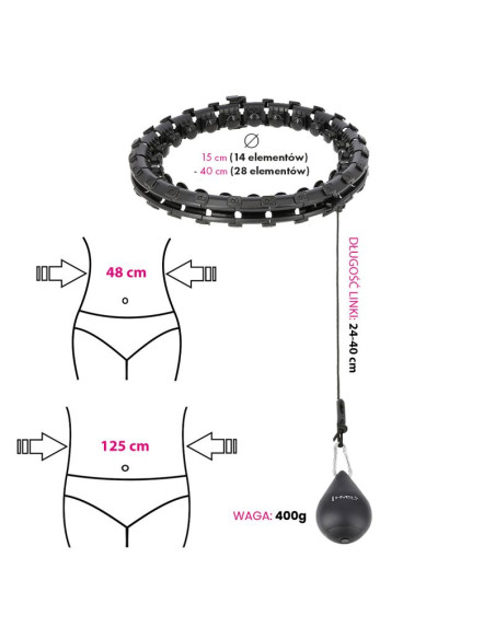Zestaw hula hop hhw12 black z wypustkami i obciążnikiem hms + pas br163 black plus size