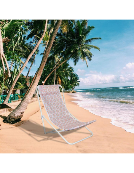 Leżak składany plażowy z zagłówkiem niebiesko pomarańczowy