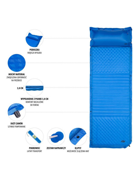 Mata samopompująca z poduszką nils camp nc4001 niebieska - 3.8 cm