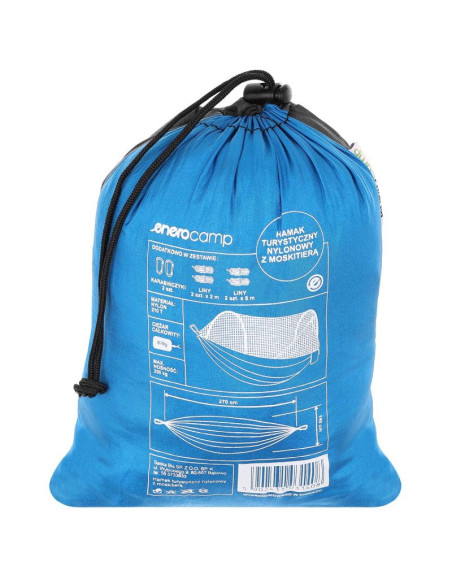 Hamak turystyczny 2 osobowy 270x140cm z moskitierą niebieski