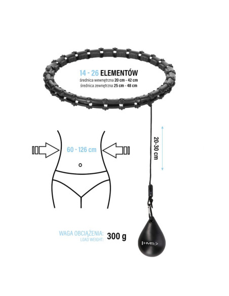 Zestaw hula hop hhw11 black z wypustkami i obciążnikiem + pas br163 black plus size hms