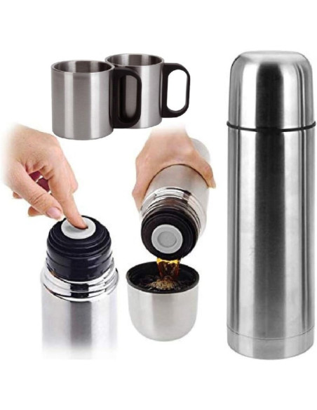 Termos turystyczny 1000ml z 2 kubkami srebrny