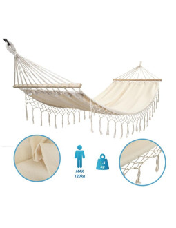 Hamak ogrodowy 1 osobowy 200x100cm z drążkiem i  z frędzlami miami ecru 2