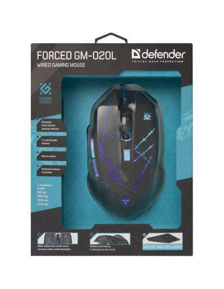 Defender mysz przewodowa forced gm-020l 800/1800/2400/3200 dpi 6p + podkładka + gra 52020