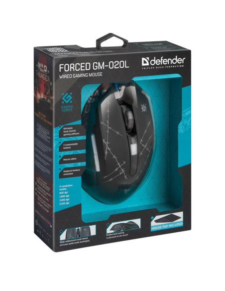 Defender mysz przewodowa forced gm-020l 800/1800/2400/3200 dpi 6p + podkładka + gra 52020