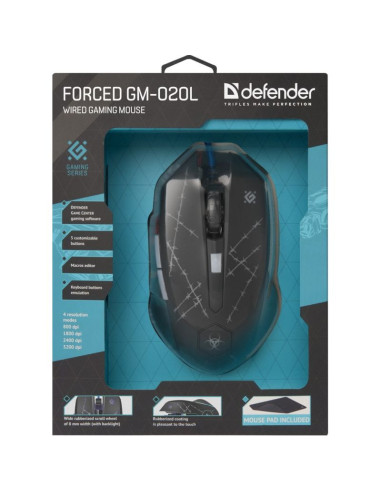 Defender mysz przewodowa forced gm-020l 800/1800/2400/3200 dpi 6p + podkładka + gra 52020