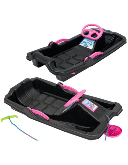 Sanki plastikowe z hamulcem i kierownicą adaś 84x43x25cm czarne z różowym