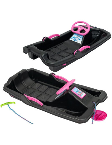Sanki plastikowe z hamulcem i kierownicą adaś 84x43x25cm czarne z różowym