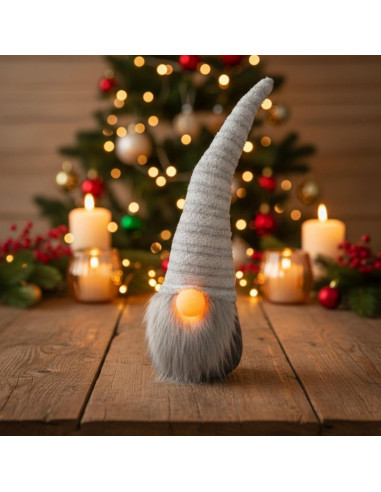 Skrzat gnom z długą białą czapką i święcącym nosem 42cm