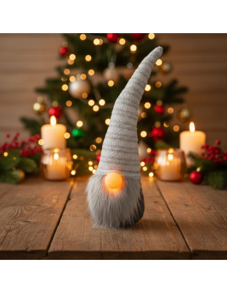 Skrzat gnom z długą białą czapką i święcącym nosem 42cm