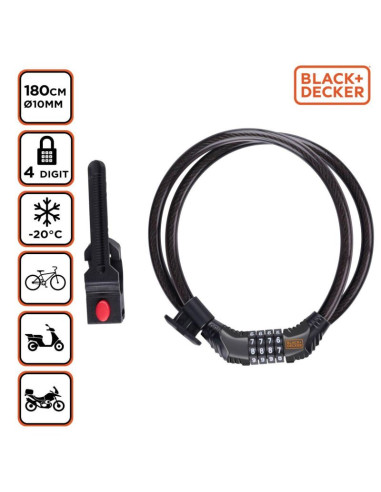 Zapięcie rowerowe linka na szyfr 10x1800mm z uchwytem black+ decker