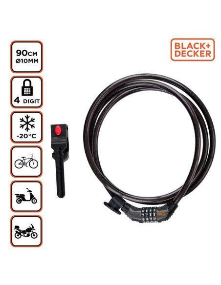 Zapięcie rowerowe linka na szyfr 10x900mm z uchwytem black+decker