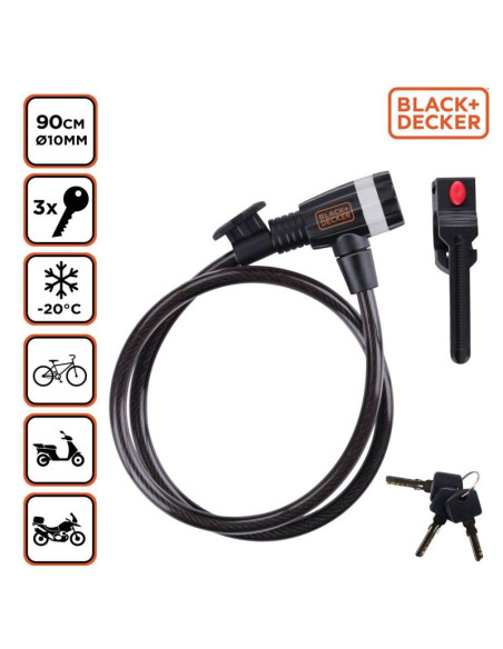 Zapięcie rowerowe linka na zamek 10x900mm z uchwytem black+decker