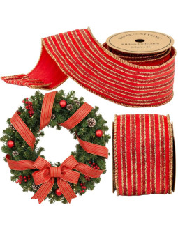 Wstążka złote paski 6,3cmx3m czerwona